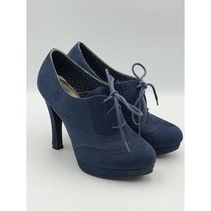 FIONI Blue Suede Oxford Heels Women's 8 Lace Up Platform Y2K Brogue Pumps